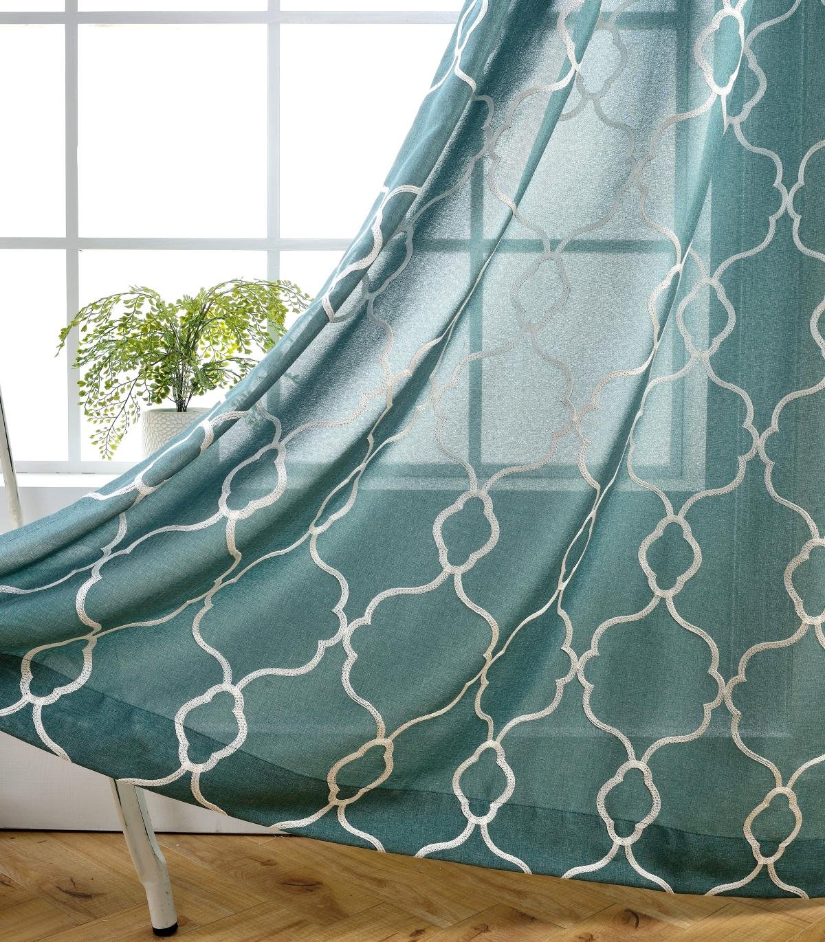 MIUCO Moroccan Embroidery Semi Sheers Curtain Faux Linen Grommet Window Curtains for Bedroom 52 x 95 Inch 2 Panels, Teal