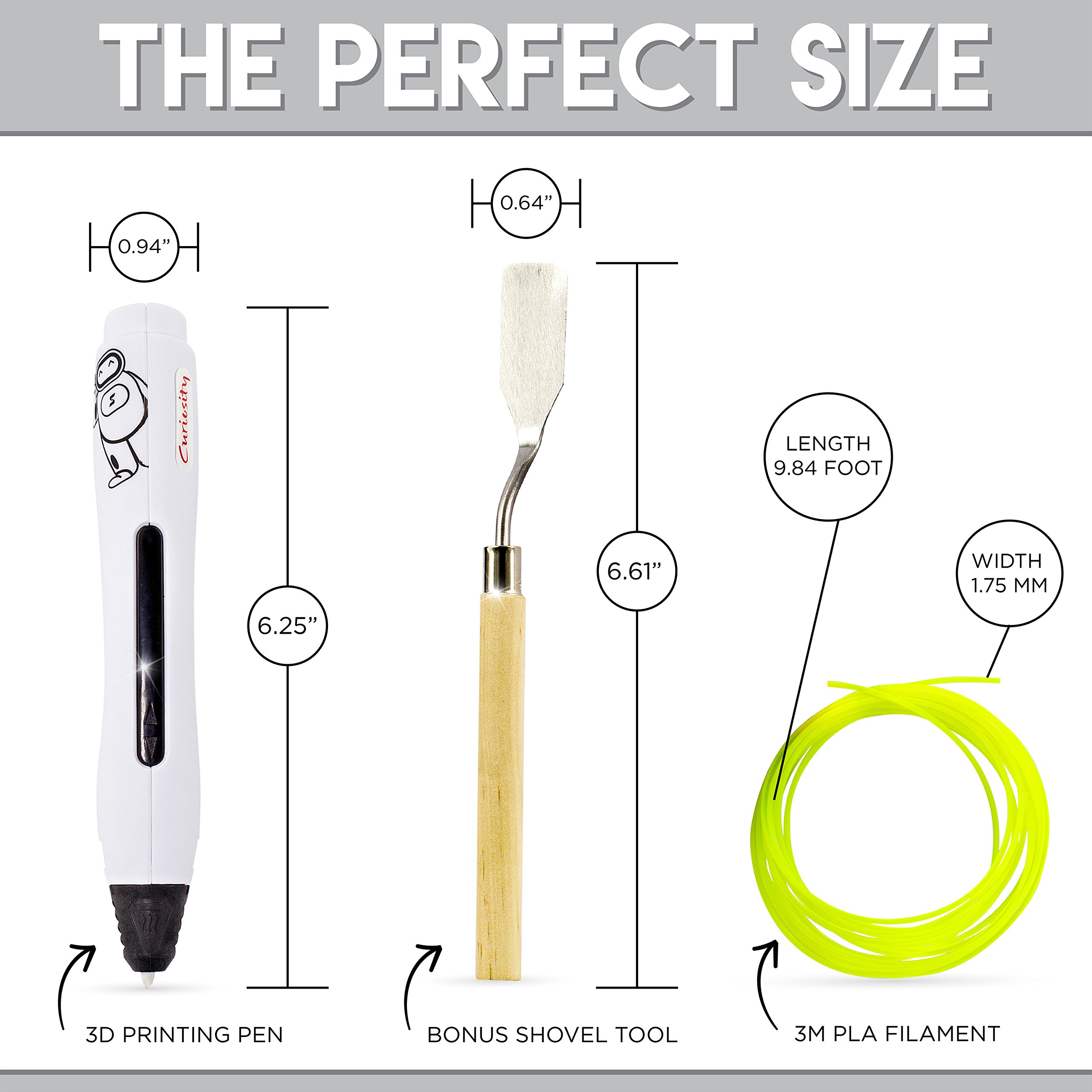 3D Printer Pen - Simple & Fun 1 Button Operation 3D Pen for Kids, Teens and Adults - Includes Two PLA Filaments, USB & BONUS Safety Shovel Tool by Curiosity