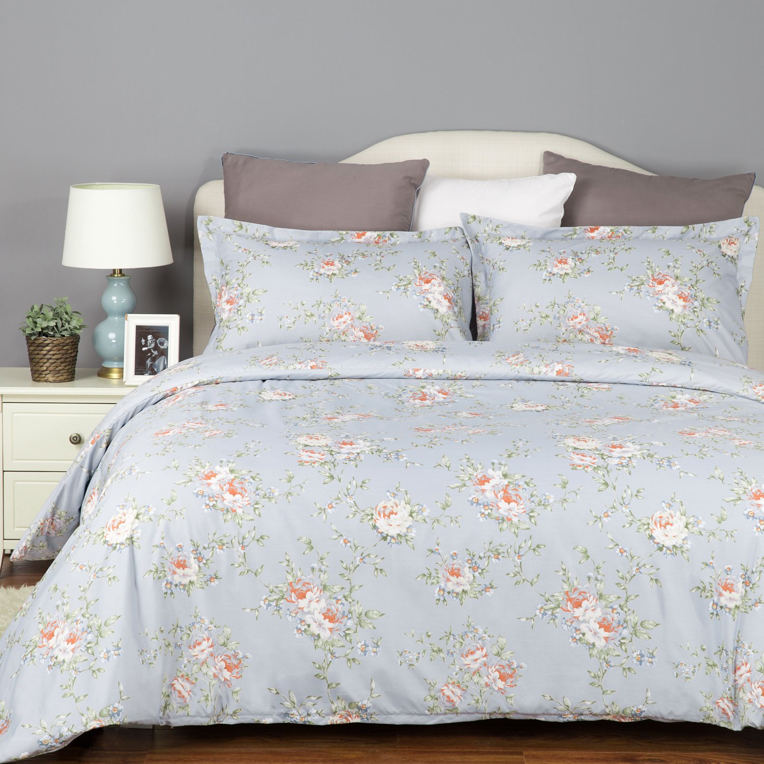 Bedsure Flower Bedding Set Printed Duvet Cover Set with Zipper Closure-White Floral Design,Full/Queen (90\