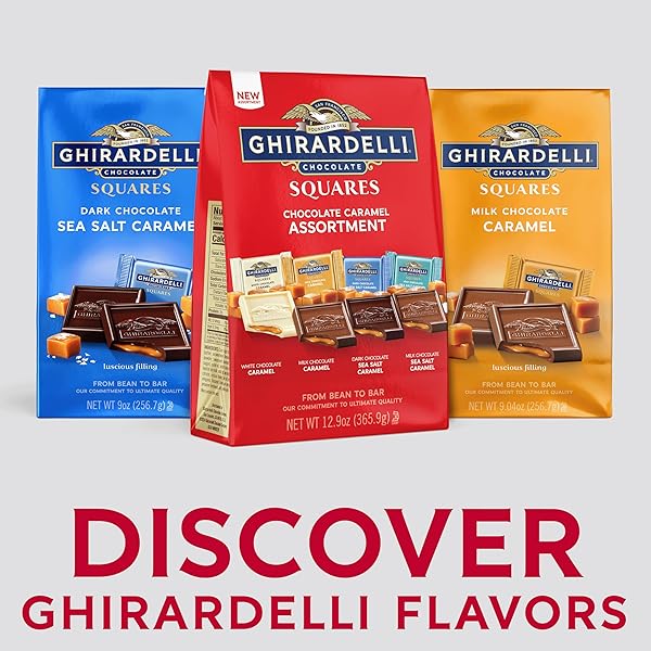 GHIRARDELLI CHOCOLATE CARAMEL SQUARES ASSORTMENT, 12.9 OZ BAG PREMIUM MILK, DARK, AND WHITE CHOCOLATE WITH LUSCIOUS CARAMEL FILLING