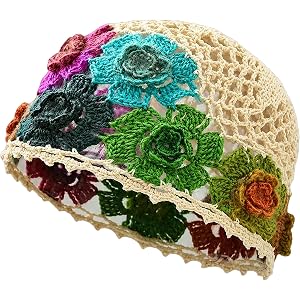 Coesik Women Crochet Beanie Cotton Crochet Flower Hat Handmade Boho Knit Summer Skull Cap (Flower Color Random) Multi
