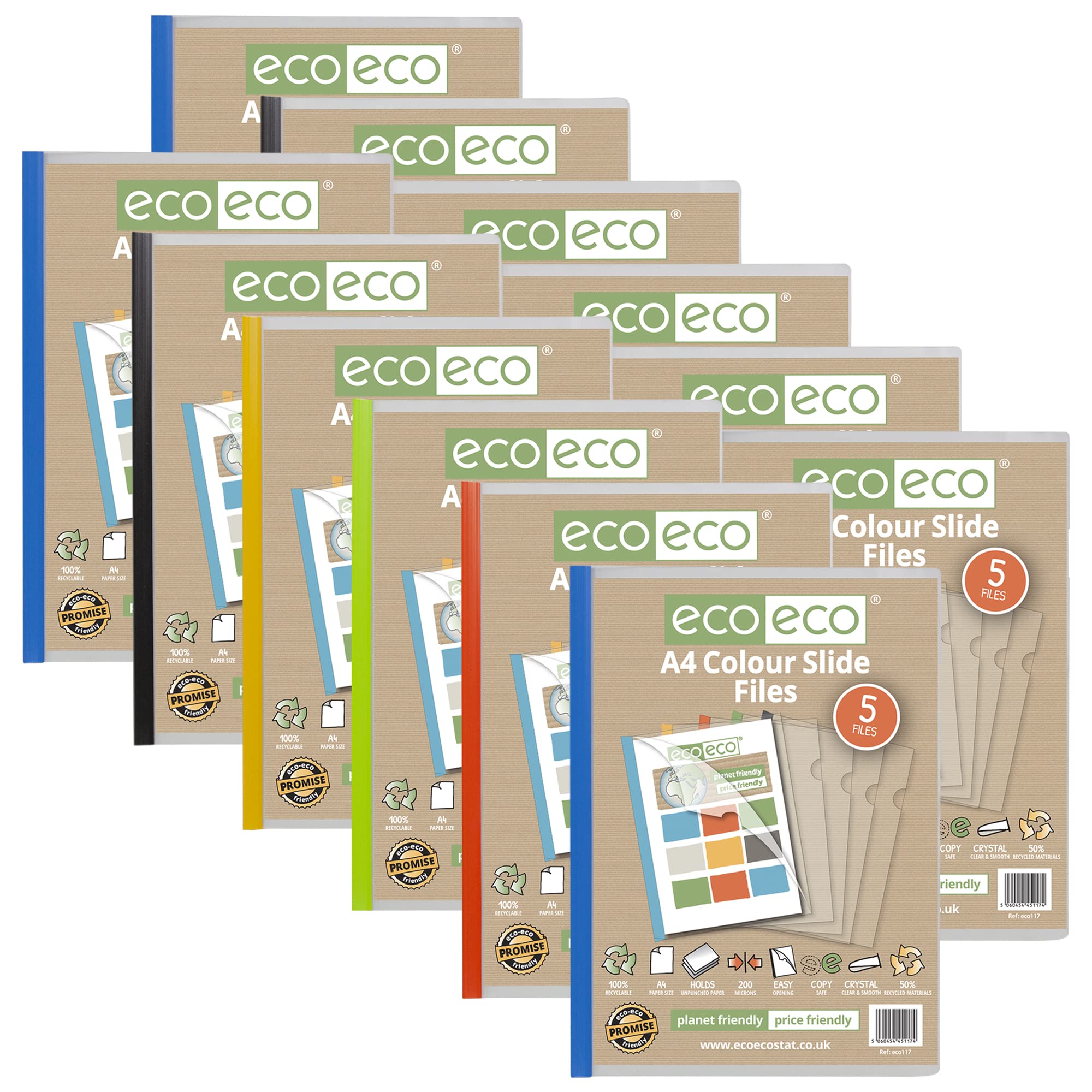 eco-eco A4 50% Recycled Bag 60 Easy Slide Files, Coloured Clip bar Project Report Files, eco117x12