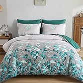 Anibedding Teal Green Floral Comforter Set Queen, 7 Piece Green Botanical Gradient Leaves Ultra Soft Microfiber Down Alternative Bedding Set with Sheets and Bedroom for All Season