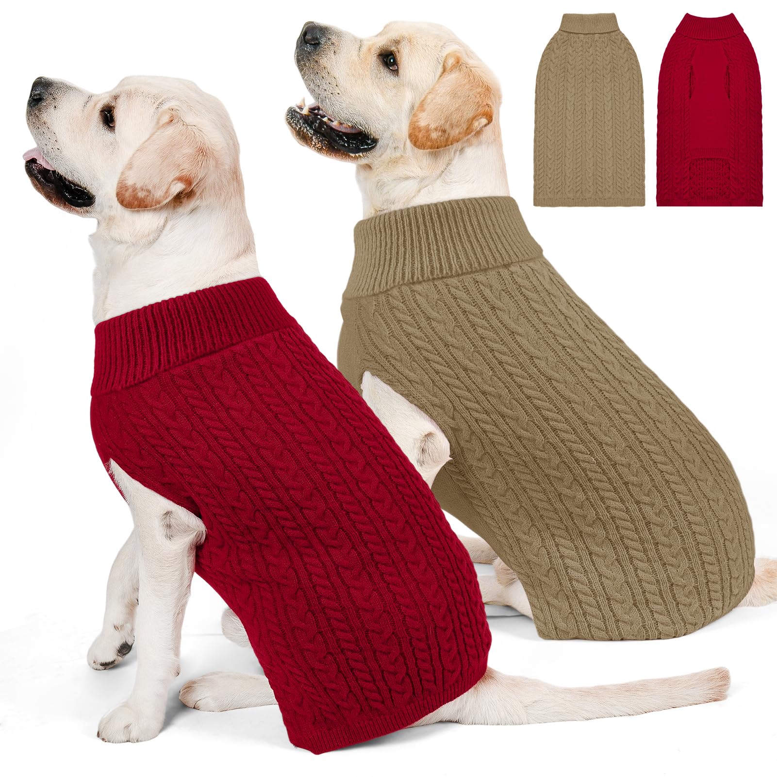 Photo 1 of KCFESTIHUE 2 Pack Dog Sweaters for Big Dogs Turtleneck Pullover Cable Knit Large Size Stretch Clothes Pitbull Labrador Bulldog Doberman Boy Girl Pets Winter Clothes (XL, Red & Brown)