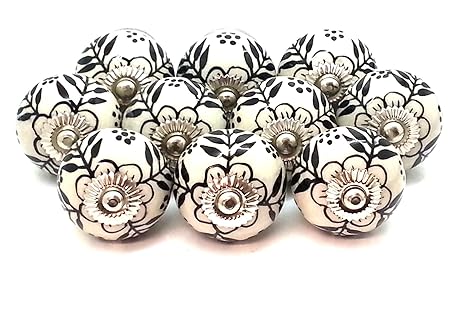 10 X Ceramic Porcelain Knobs Cream With Black Leaf Drawer Pulls