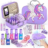 Glisiol Kids Nail Polish Set for Girls Toys, Washable Quick-Dry Toddler Nail Art Kit with Air Cooling Dryer and Cosmetic Case, Christmas or Birthday Gifts for Girls Ages 3 4 5 6 7 9 10 11 12-Purple