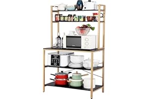 Finnhomy Bakers Racks for Kitchens Storage with Hutch, Coffee Bar Cabinet, Modern 5 Tier Kitchen Shelf Freestanding Microwave Stand Rack for Kitchen/Living Room/Office/Pantry, Gold+Black