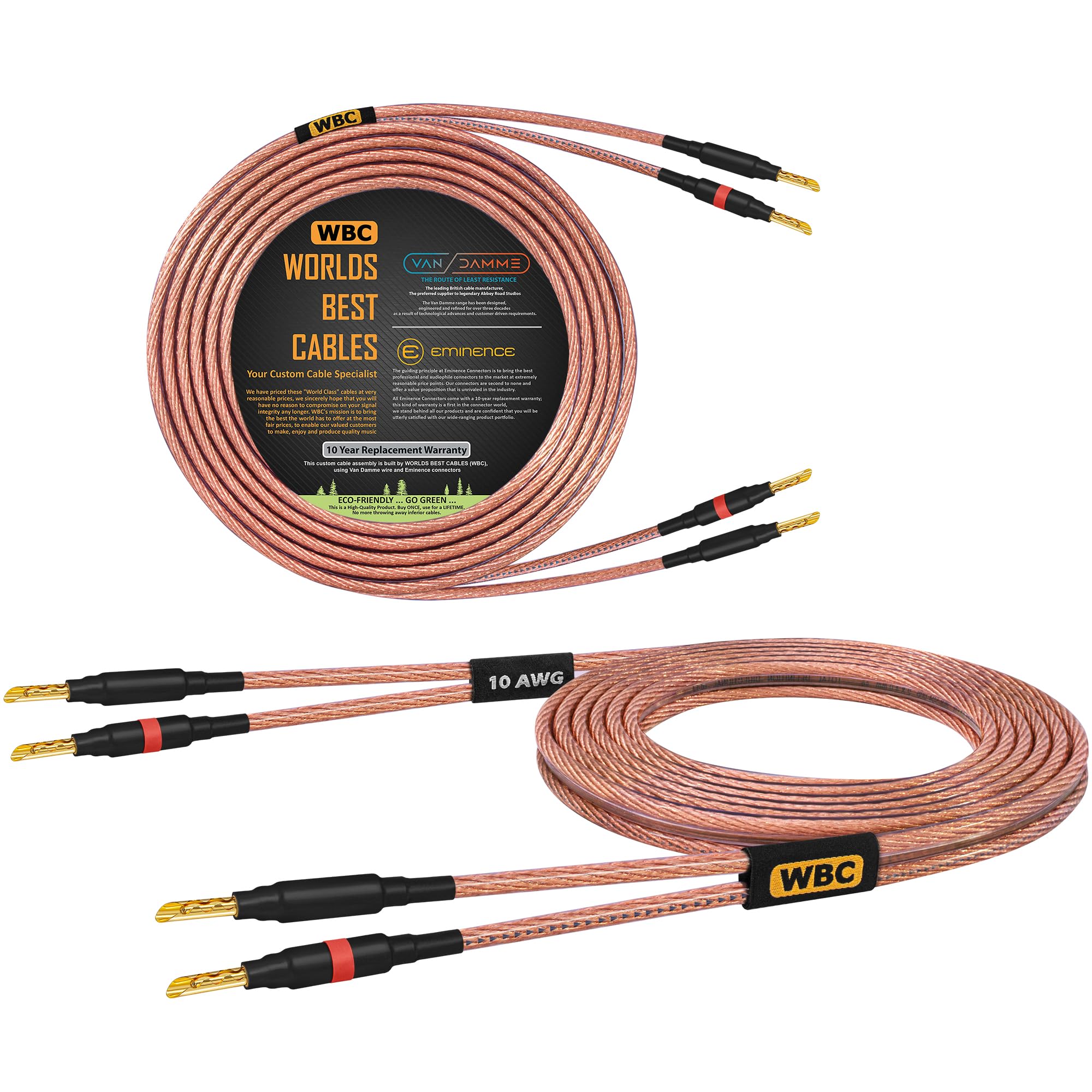 WORLDS BEST CABLES Van Damme 2 x 6.00 mm2 (2x 10AWG) - 1 Meter – 99.99% UP-LCOFC Figure-8 Audiophile Hi-Fi Speaker Cable Pair w/Eminence Gold Plated Banana Plugs