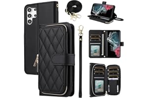 Furiet Wallet Case for Samsung Galaxy S24 Ultra 5G with Wrist Strap, Crossbody Shoulder Strap, 9+ Card Slots Zipper Purse, Luxury PU Leather Stand Cell Phone Cover for S24Ultra 24S S 24 24Ultra Black