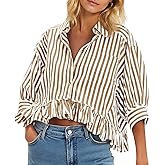 Cicy Bell Womens Cropped Striped Button Down Shirts Ruffle 3/4 Length Sleeve Summer Tops Dressy Casual Blouses