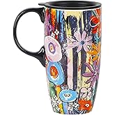 Topadorn Ceramic Travel Mugs Porcelain Latte Tea Cup Coffee Mug with Lid and Handle,17oz. Abstract Garden