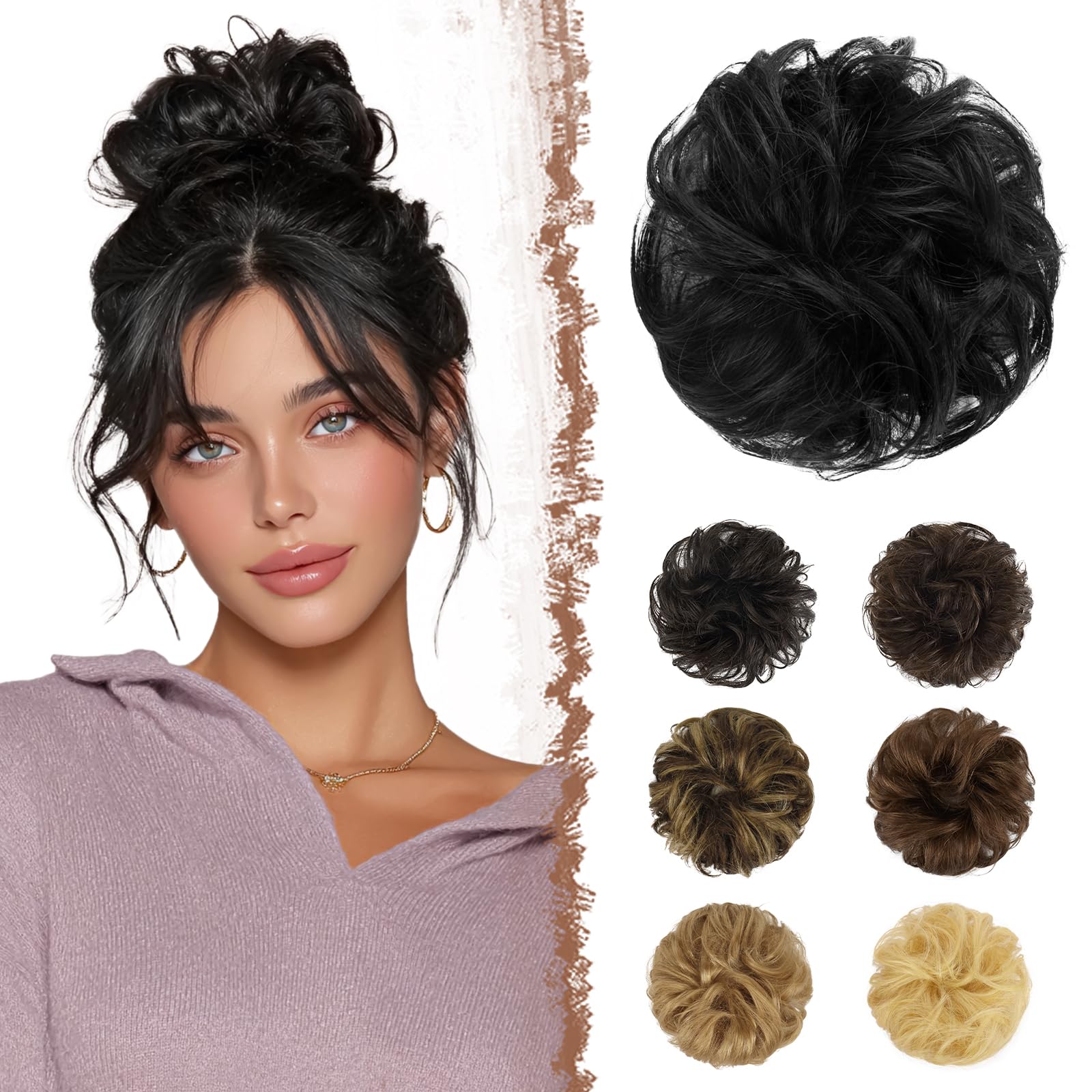 FESHFEN Human Hair Messy Buns, 100% Human Hair Bun Hair Piece Real Hair Extension Wavy Curly Hair Scrunchies Tousled Updo Chignon Hairpieces for Women Girls, Black โ image 1