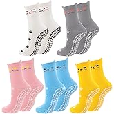 scenicamp 5 Pair Cute Cat Pilates Socks with Grips for Women Cotton Non Slip Grippy Socks with Cat Paw Pattern for Barre Workout Hospital