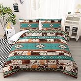 AILONEN White Brown Cow Hair Texture Comforter Set Twin Size, Geometric Ethnic Cowhide Pattern Bedding Set,Native American Tribal Cowhide Blue Theme Duvet Set 3 Pieces, 1 Quilt and 2 Pillowcase