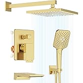Gabrylly Shower System with Tub Spout, Wall Mounted Shower Faucet Set for Bathroom with High Pressure 10" Rain Shower head and 3-Setting Handheld Shower Head Set,Brushed Gold