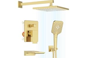 Gabrylly Shower System with Tub Spout, Wall Mounted Shower Faucet Set for Bathroom with High Pressure 10" Rain Shower head and 3-Setting Handheld Shower Head Set,Brushed Gold