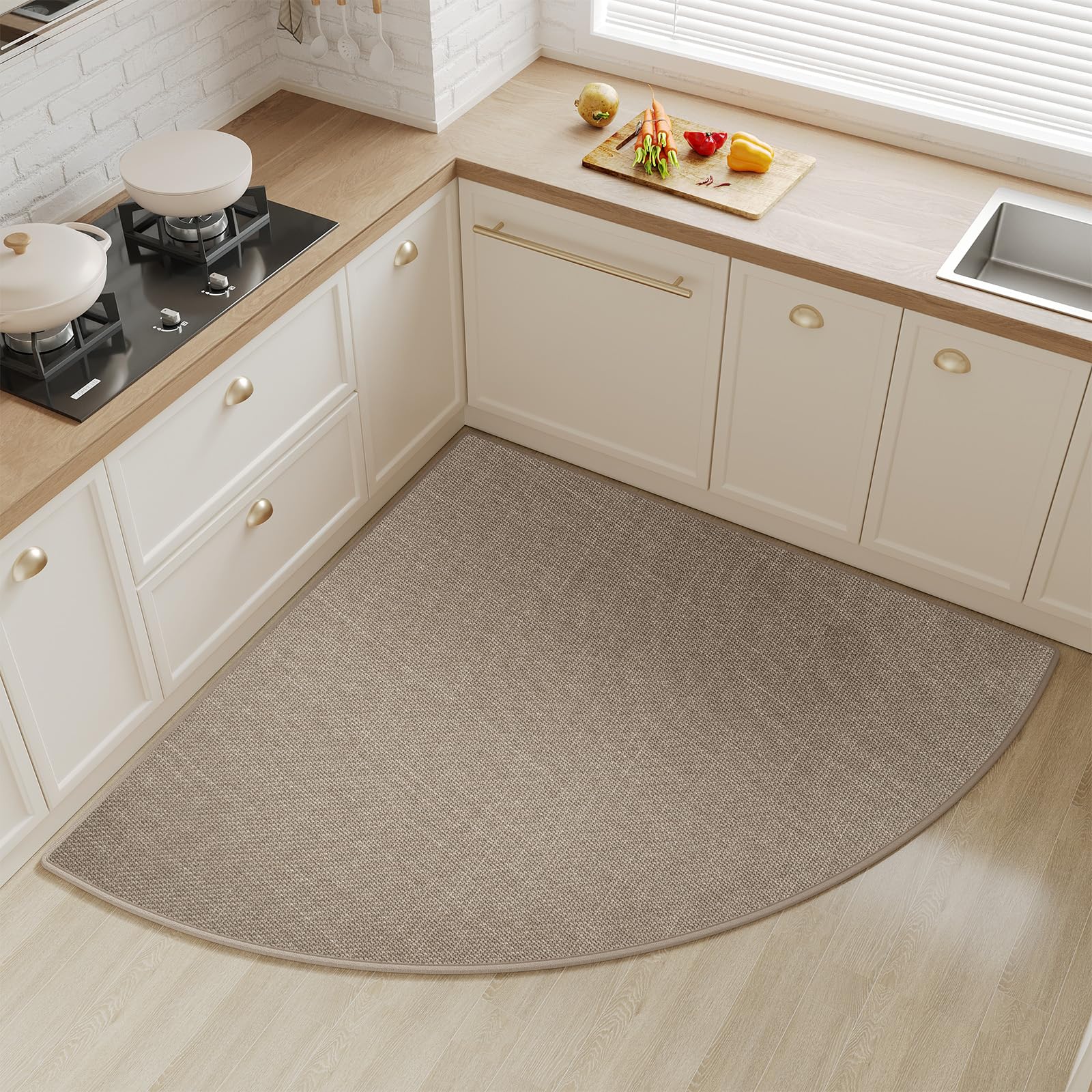 Photo 1 of YDKGL Corner Kitchen Rugs Non Slip Washable, Rubber Backed Circular Sector Kitchen Mats for Floor, Super Absorbent Imitation Linen Braided Kitchen Floor Mat for Sink Corner Areas (Brown, Radius 39")