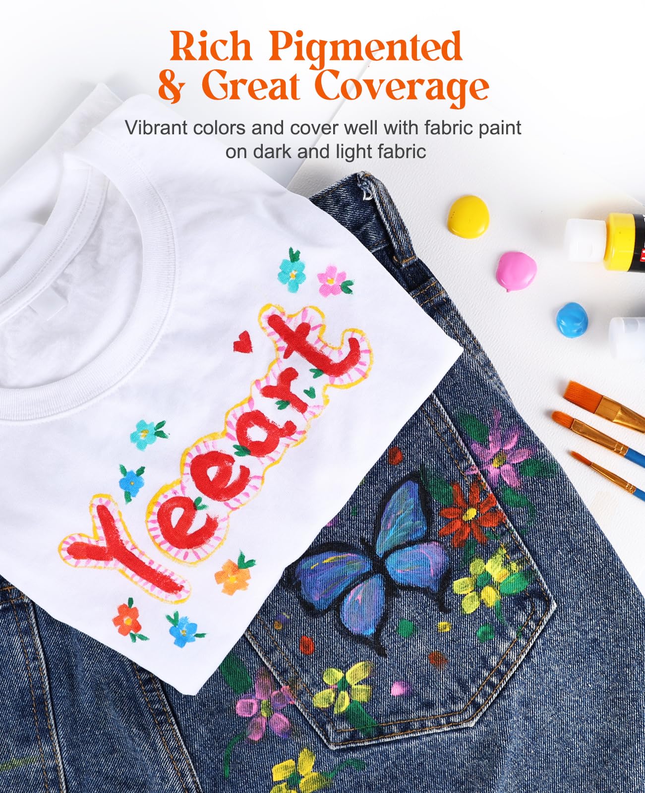 Fabric Paint, Yeeart 20 Colors Permanent Soft Fabric Paint Set for Clothes in Bottles (60ml/2oz) with 10 Brushes, Palette, Non-Toxic Textile Paint Art Supplies for Clothes, Canvas, T-Shirts, Jeans, Bags & Art Crafts