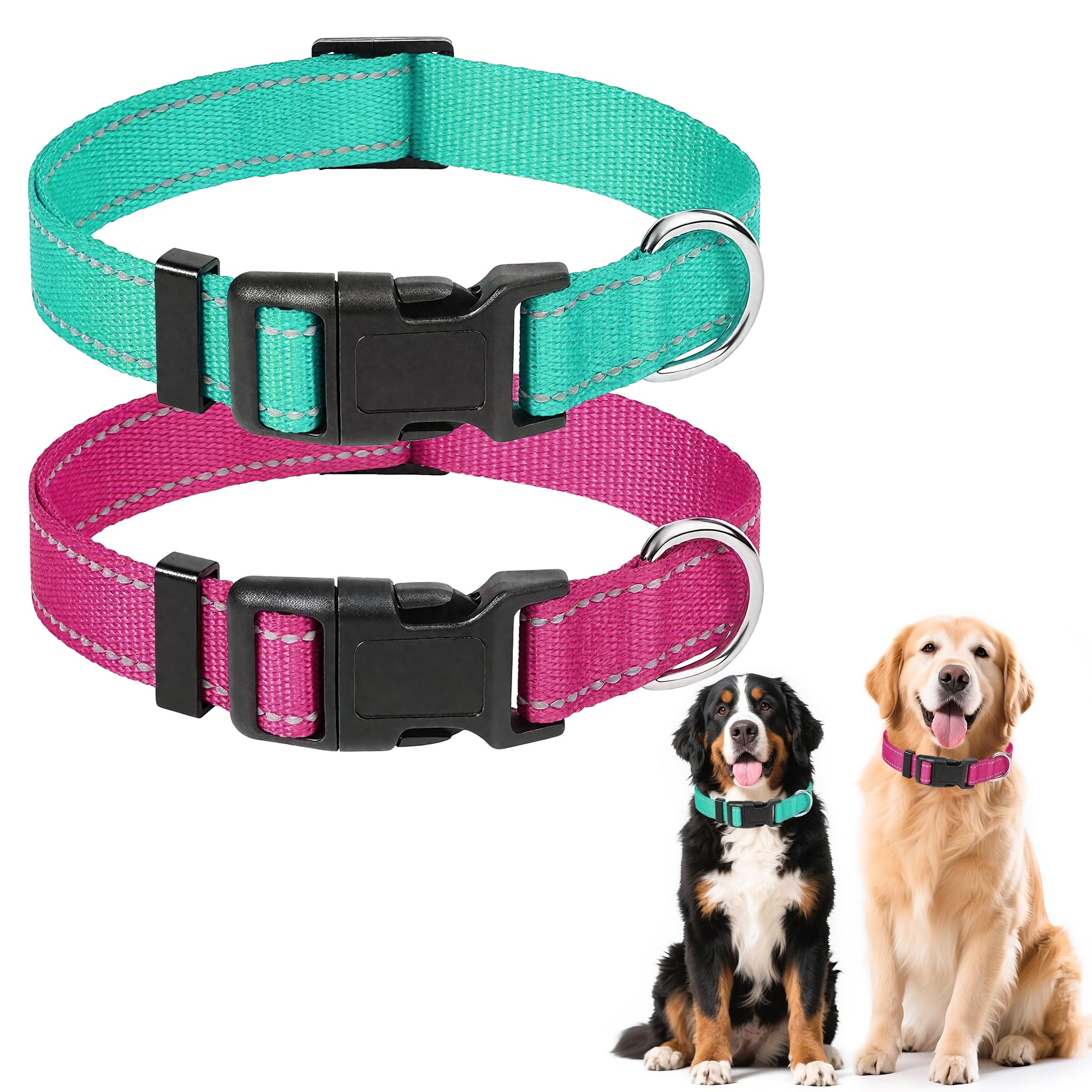 Photo 1 of  ** pack of*** 6**Jestrem Reflective Dog Collar 2-Pack with Quick Release Buckle, Adjustable Nylon Collars, Night Safety for Walking, Metal D-Ring, Nylon Pet Collar Adjustable for Large Dogs, (Teal+Hotpink,L)