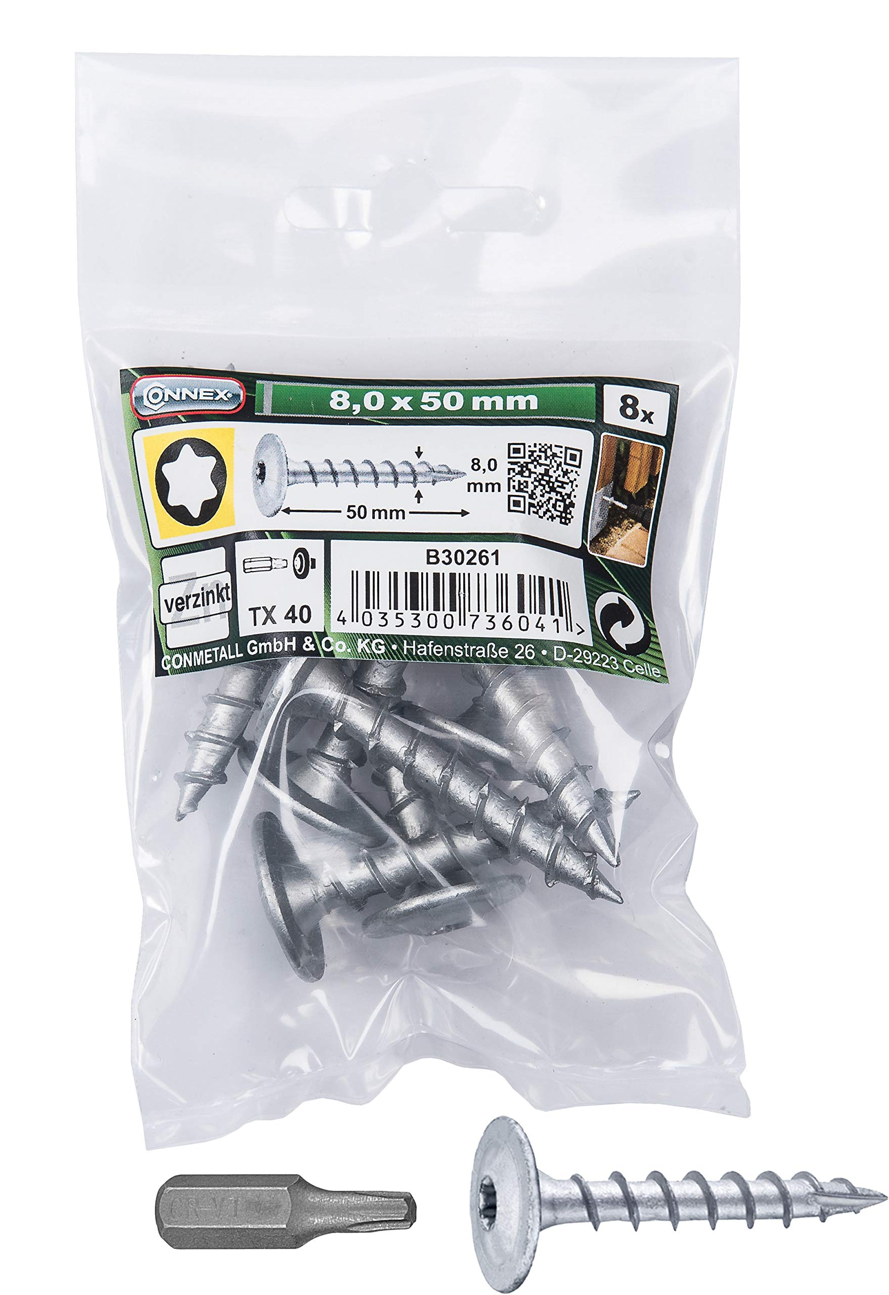 Connex Post Screws 8.0 x 50 mm - 8 Pieces - TX Drive - Fully Threaded - for Attaching Fittings & Connectors - Includes Bit/Post Connector Screw/Screw Set / B30261