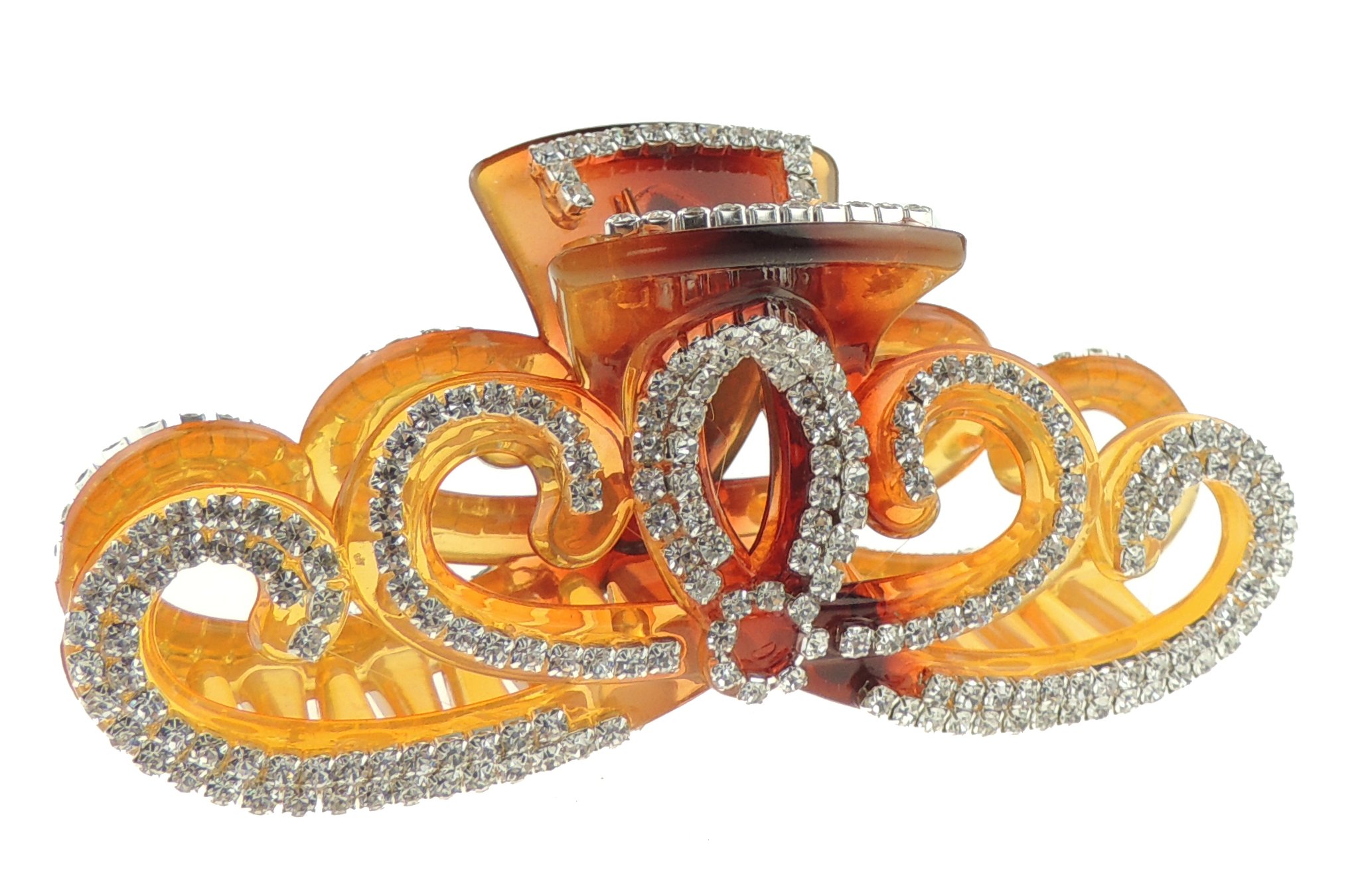 Sparkly Women Girls Thick Curly Long Hair X-Large Big Crystal Diamante Rhinestone Gems Bulldog Wave Jaw Clip Octopus Clamp Grip Bridal Wedding Party Styling Claw Butterfly Claw Swirly Bow (Brown)