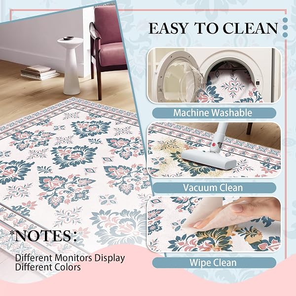 LIVCOZ WASHABLE AREA RUG 5X7 FT, VINTAGE BOHO ELEGANT SOFT NON SLIP LARGE RUGS INDOOR HOME DECOR, LOW-PROFILE FARMHOUSE ENTRYWAY FLOOR CARPET LIVING ROOM BEDROOM KITCHEN DINING ROOM DECORATION