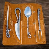 Hand Forged Medieval Cutlery Set - Viking Silverware Set with Leather Cover | High Carbon Steel - 4 Pcs Viking Utensils Set - Knife Fork Spoon Set - Norse Viking Cutlery Set - Viking Gifts For Men