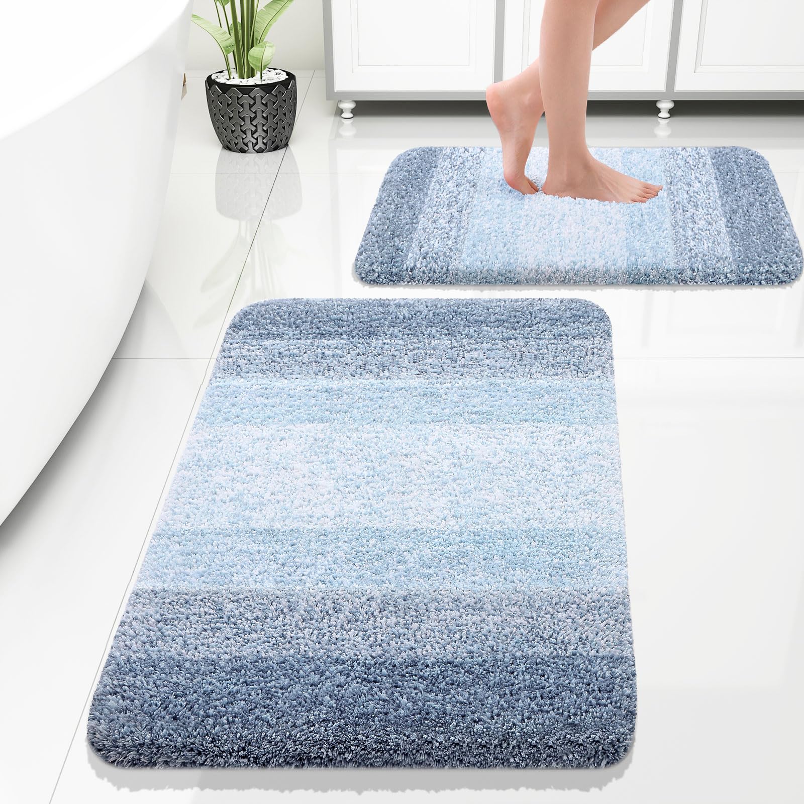 Photo 1 of ***STYLE MAY SLIGHTLY DIFFER*** OLANLY Bathroom Rug Set 2 Piece, Soft Absorbent Microfiber Bath Rug Set, Non-Slip, Machine Wash Dry, Plush Shaggy Bath Mats for Bathroom (30"x20"+24"x16", Blue)