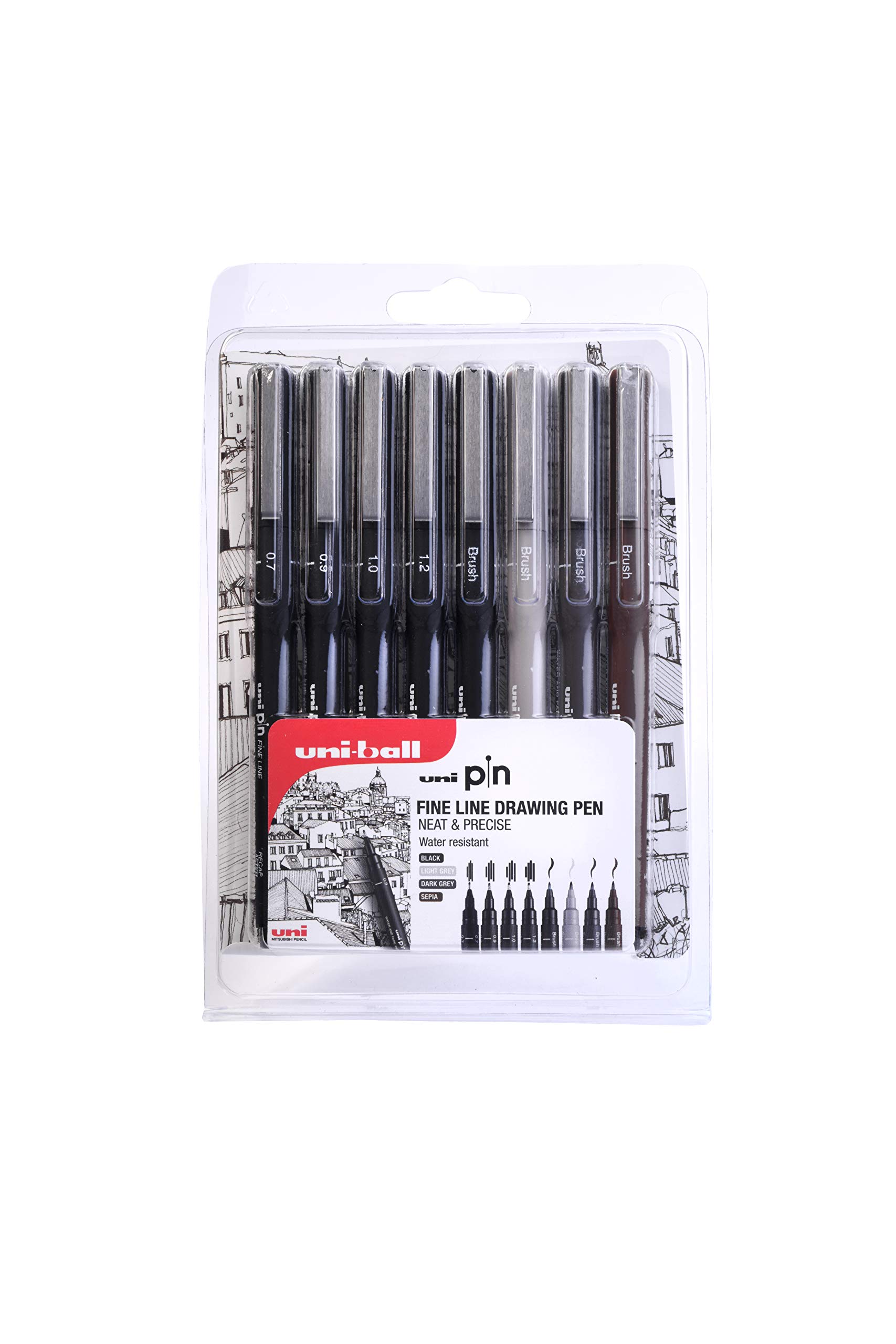 uni-PIN 8 pc Assorted Tip Pack: Fine Line Pens (0.7mm/0.9mm/1mm/1.2mm), Brush Tips (Light Grey/Dark Grey/Sepia/Black)
