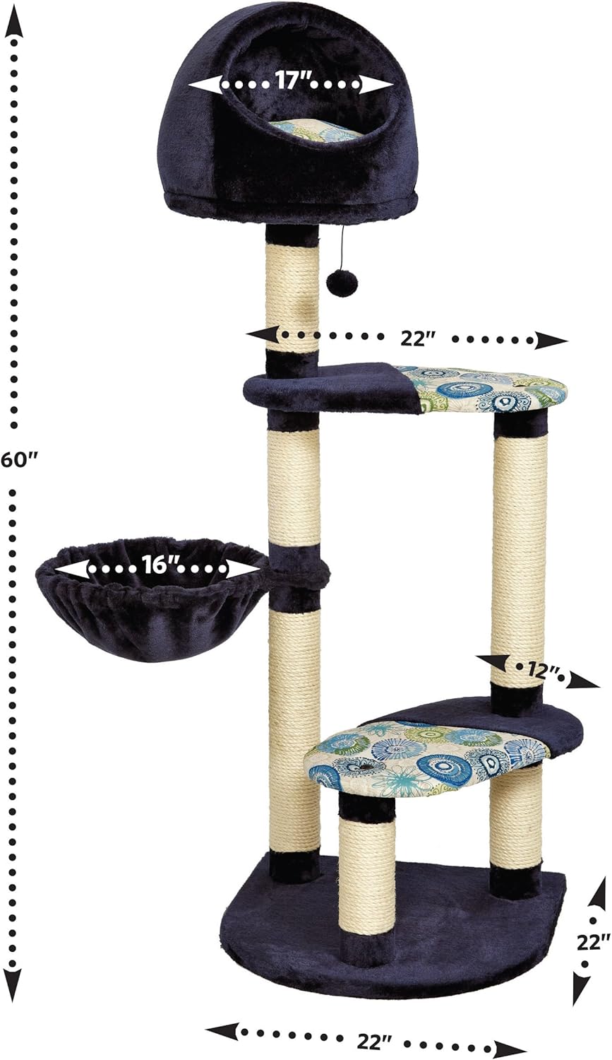MidWest Homes for Pets Cat Tree | "Resort" Cat Tree / Cat Furniture, 4-Tier Cat Tree w/ Sisal Wrapped Cat Scratching Support Posts, Hanging Cat Bunker Bed & High Canopy Cat Perch, Blue / White Pattern, Large Cat Tree : Cat Houses And Condos : Pet Supplies