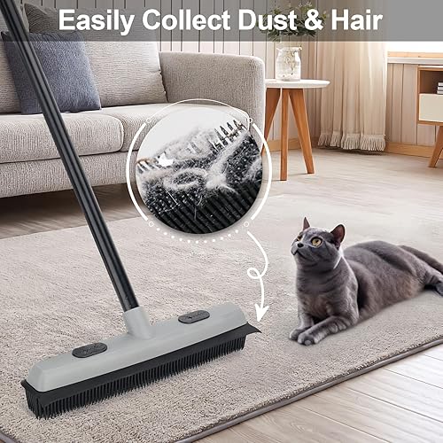 Pet Hair Removal Rubber Broom with Squeegee, Carpet Rake for Pet