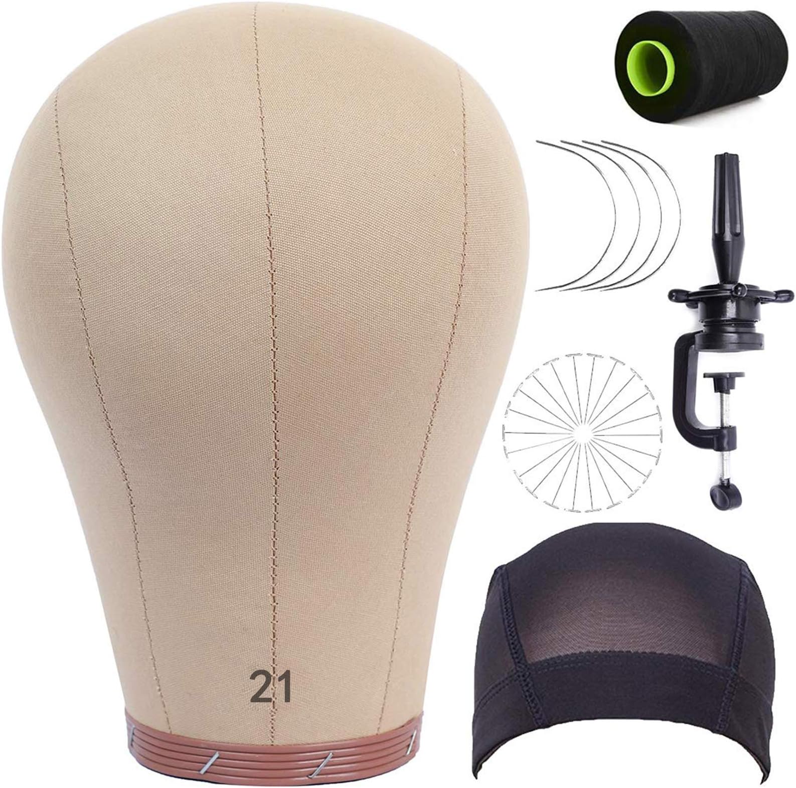 21 Inch Wig Head Cork Canvas Mannequin Head with Stand Set Blocks for Wigs Making Display Styling (Cork Head+Wig Stand+Wig Cap+T-Pins)