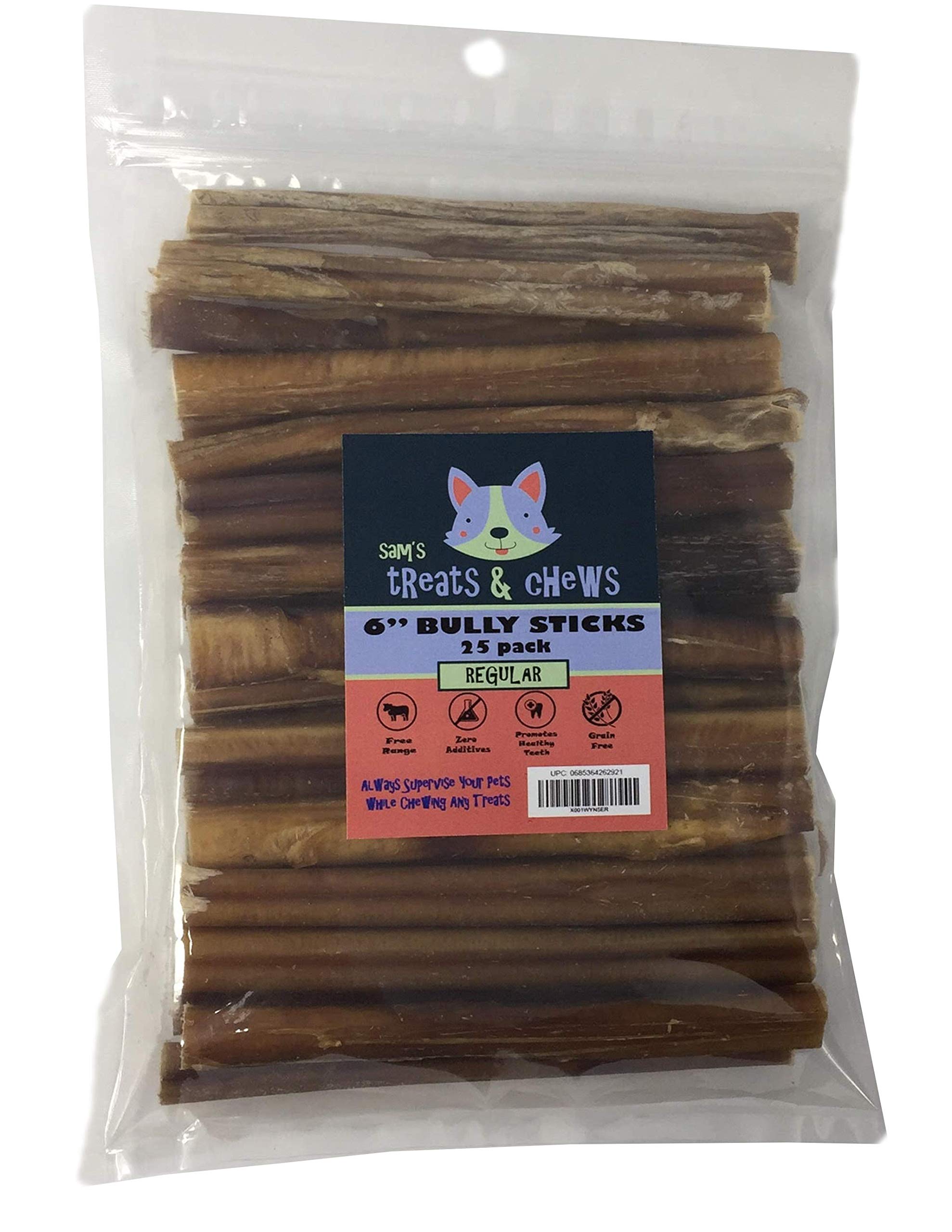Sams Treats And Chews Premium All Natural Bully Sticks Dog Treats (25 Pack) 6 Inches Long - Regular Thickness - All Beef Excellent Dog Treats with Long Lasting Chewing Fun