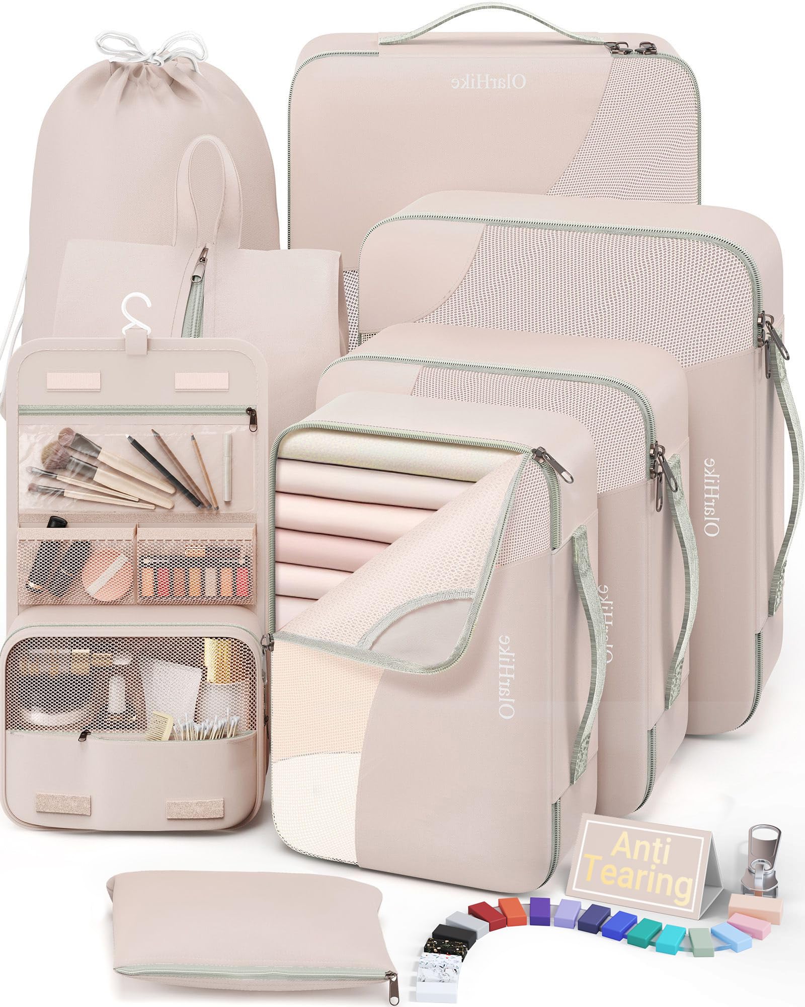 Photo 1 of 8 Set Packing Cubes for Travel, Gifts for Women Mom,Anti-Tearing Suitcase Organizer for Luggage with Shoe & Hanging Toiletry Bag,OlarHike Vacation Essentials & Accessories for Cruise Ship,Cream