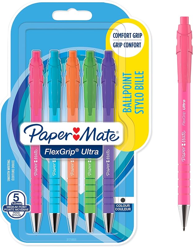 Flexgrip Ultra penna a sfera | punta media (1 mm) | nero | colori vivaci | confezione da 5