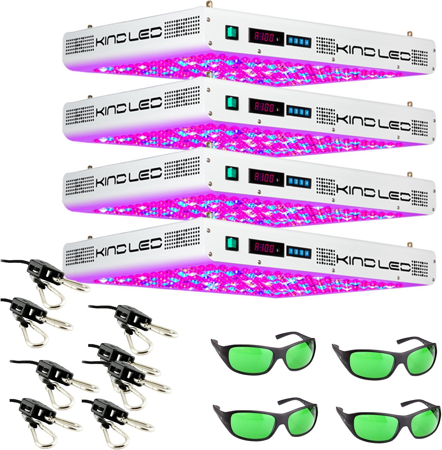 Kind K5 XL1000 LED Grow Light with Ratchet Light Hangers and Method Seven LED Glasses, 4 Pack
