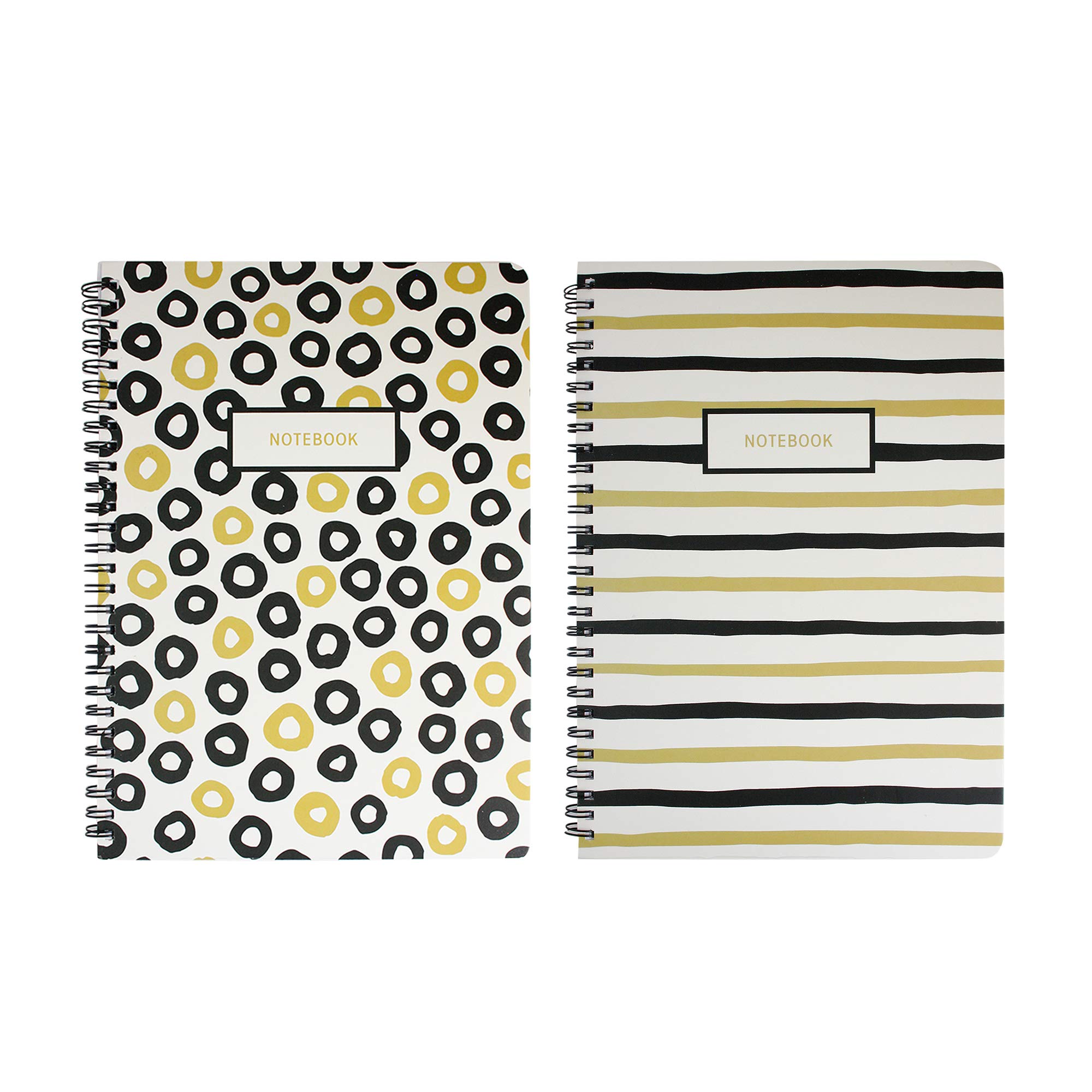 Emartbuy Black & Gold Doodle Hard Cover Spiral Exercise Book Diary Notebook Notepad Writing Journal Ruled A5 Size 80 Sheets (160 Pages) - Stripes, Circles, Set of 2