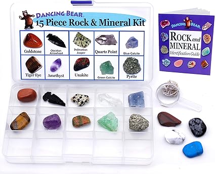 Amazon Com Dancing Bear 15 Pc Rock Mineral Collection With Collector Box Display Case Id Sheet Rock Book Magnifying Glass Beginner Starter Set Kids Gemstone Crystal Kit Stem Geology Science Education Toys