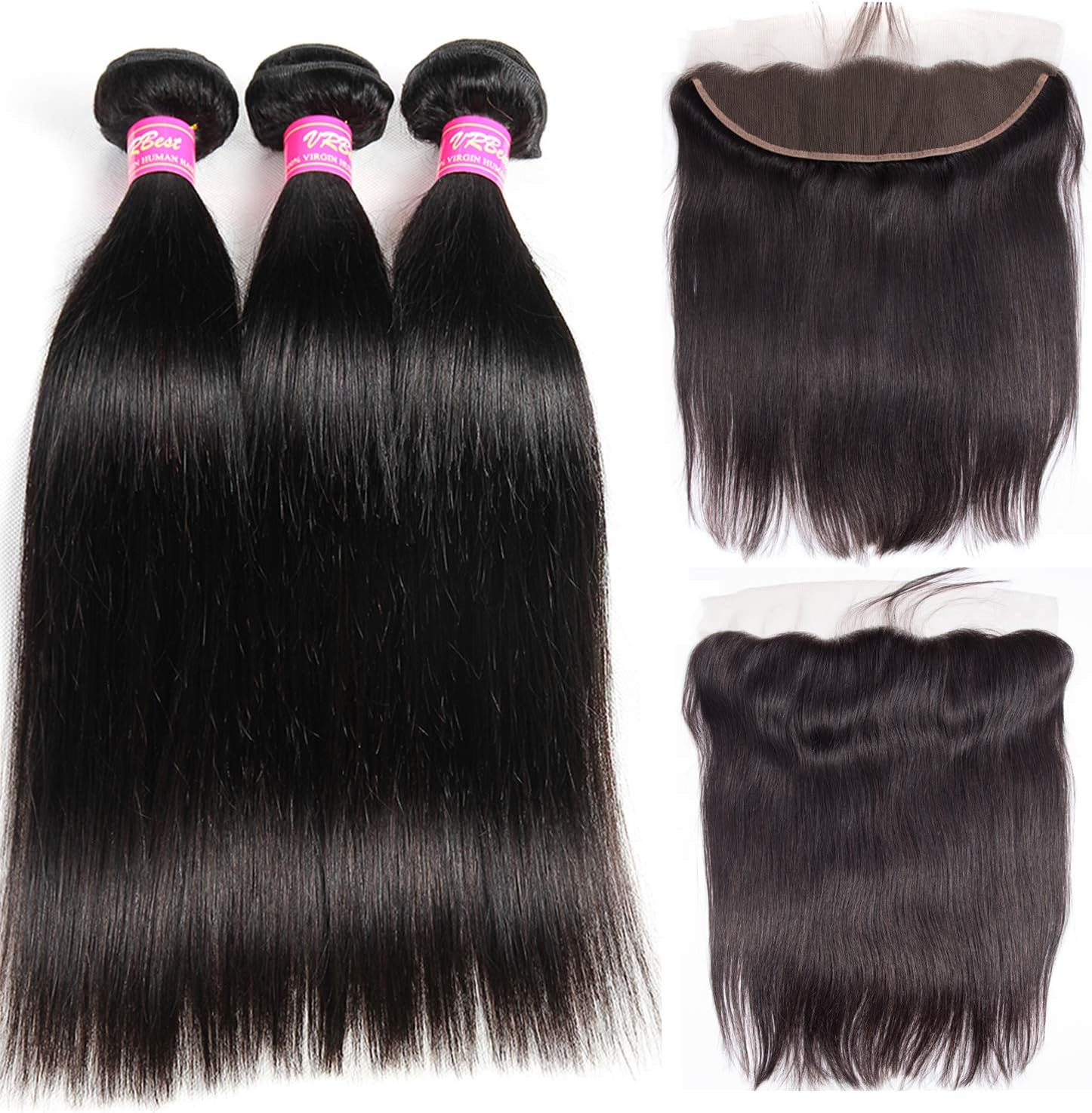 VRBest Brazilian Straight 3 Bundles With Lace Frontal Closure 13x4 Free Part with Baby Hair Brazilian Virgin Human Hair Extensions Unprocessed Bundles with Lace Frontal Natural Color (10 12 14 +10)