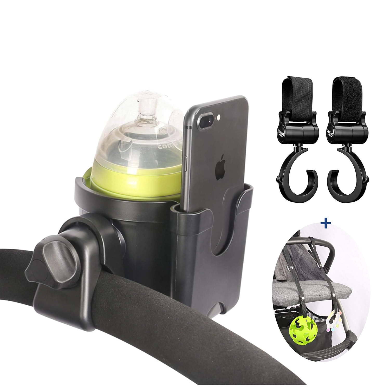 Universal Stroller Cup Holder, Universal Stroller Organizer Baby Bottle Holder - Stroller Accessory, Parent Cup Holder for Stroller/Bike (Phone Holder + 2 Hooks + 2 Toy Straps): Baby