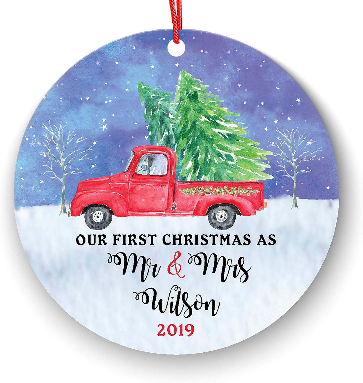 Amazon Com Personalized Mr Mrs First Christmas Ornament Watercolor Pickup Truck Red Tree Newlyweds Pretty Seasonal Keepsake Decoration 1st Holiday Married Bride Groom Gift Collectible Black Background Furniture Decor