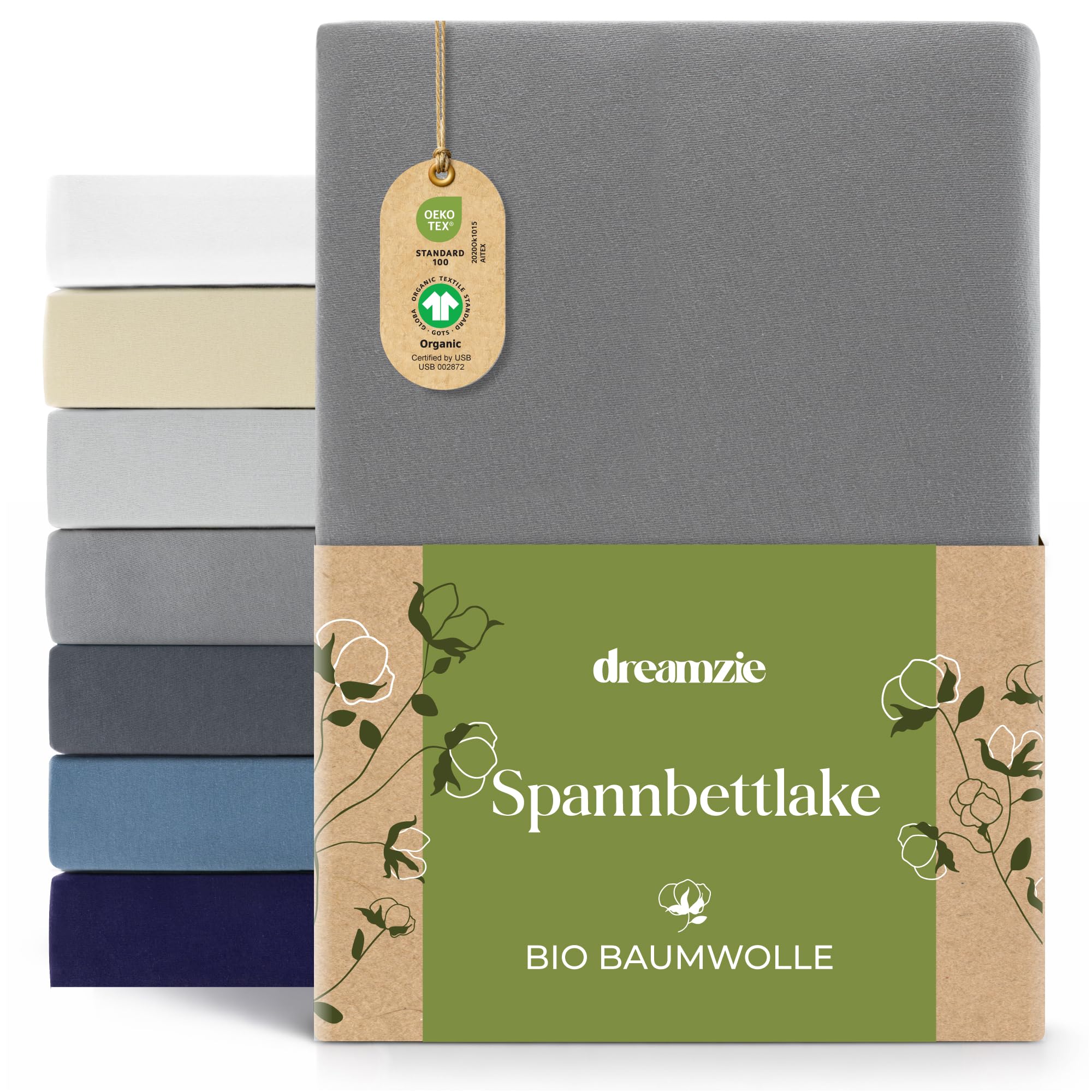 Dreamzie Premium Spannbettlaken 90x200cm bis 100x200cm Anthrazit, Spannbetttuch aus 100% Jersey Biobaumwolle, 150 g/m² - Oeko-TEX