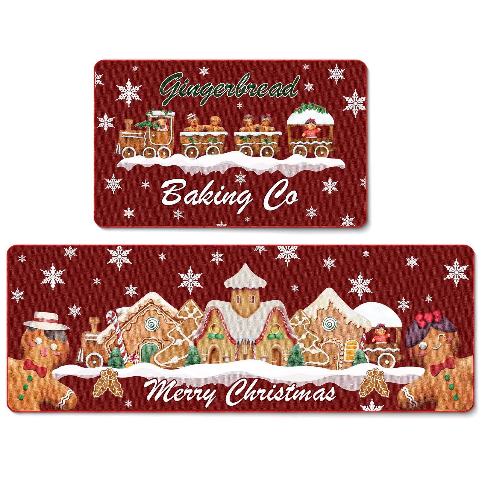 2Pcs Christmas Gingerbread Mats Decorations, Merry Xmas Gingerbread Decor Rugs for Home, Farmhouse, Kitchen