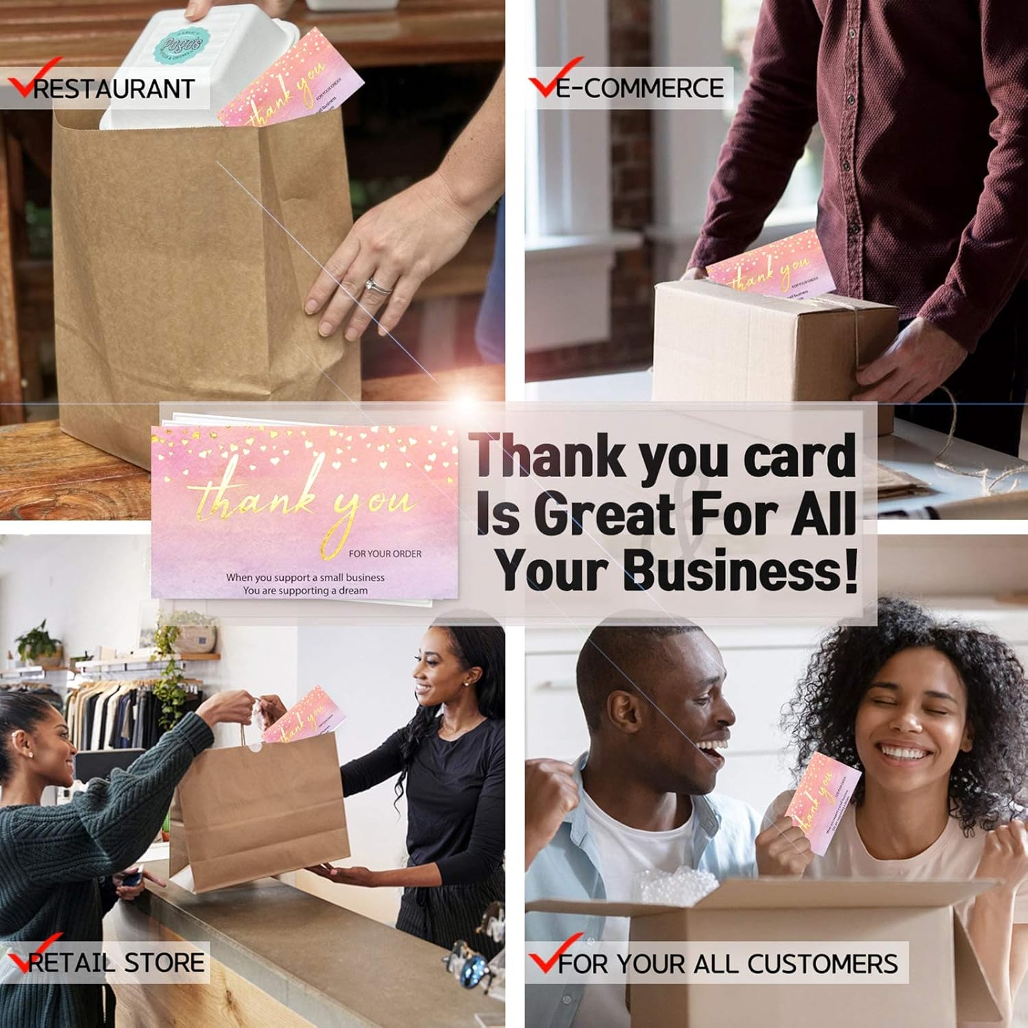 Modern 5th - 500PCS Thank You for Supporting My Small Business Cards and Stickers Set, Watercolor with Gold Foil Hearts (3.5x2 inches 100pcs Cards and 1.5" Round 400pcs Stickers) for Package Inserts: Kitchen & Dining