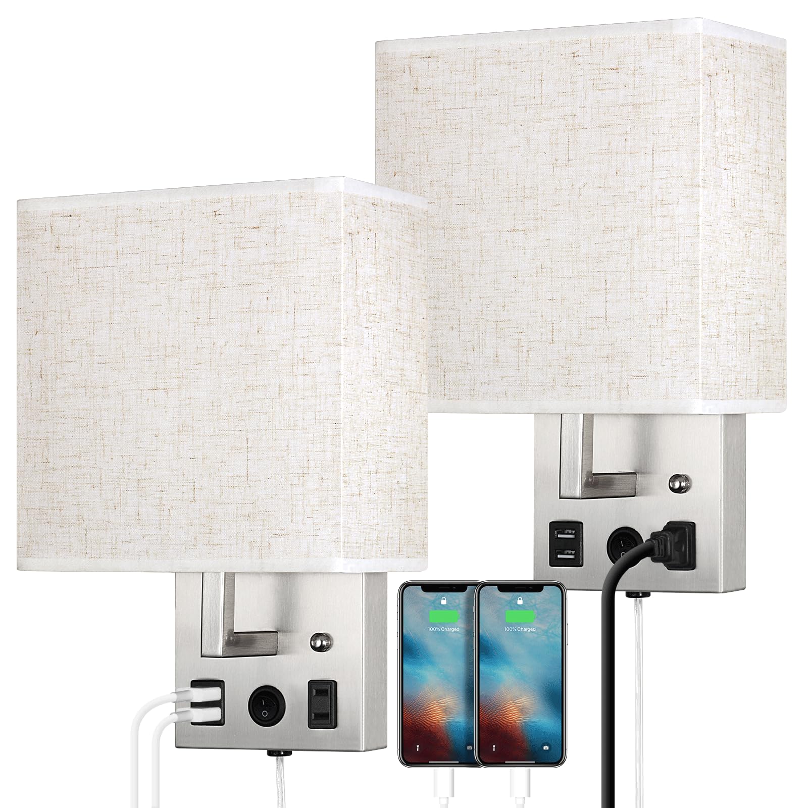 Photo 1 of Bedside Wall Lamp Set of 2, Plug in Wall Light with USB Charging Ports and AC Outlet Socket, Brushed Nickel Modern Wall Sconces with Plug in Cord for Bedroom Living Room, E26 LED Bulb Included