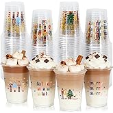 JarThenaAMCS 100Pcs 12Oz Christmas Plastic Cups 4 Styles Cartoon Nutcracker Clear Disposable Drinking Cup for Winter Holiday Xmas Party Favor Supplies