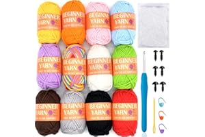 JOYTAG 12 Pack Beginners Crochet Yarn Blue Green Pink Purple Yellow Rainbow Cotton Crochet Yarn for Crocheting Knitting Beginners with Easy-to-see Stitches Mini Crochet Yarn for Beginners Crochet Kit(12x25g)