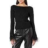 BCBGMAXAZRIA Womens Boat Neck Long Sleeve Feather Cuff Sweater Top