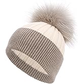 EASTER BARTHE Women's Real Fur Pom Pom Cashmere Blend Winter Ribbed Knit Cuffed Beanie Skull Cap Hat with Fur Pom Beanie Hat