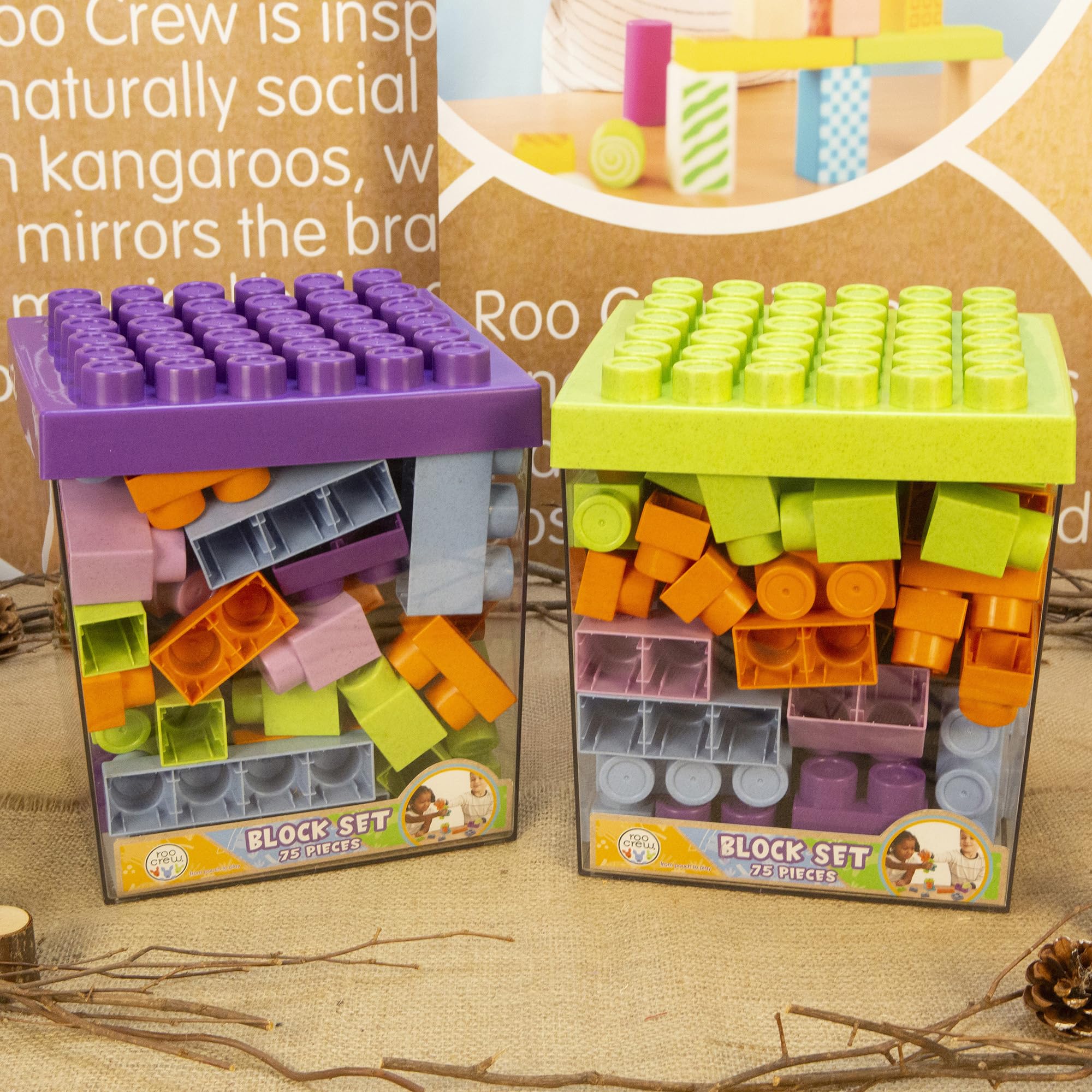 Boley Roo Crew: Block Set - 75 Pieces - Assorted Lid Color, Building Activity Set, Colorful Blocks & Storage Container, Toddlers & Kids Ages 2+